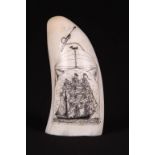 20th c Scrimshaw Whale Tooth with schooner, Circa 1960. 5" From a Massachusetts collection