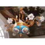 *Continental Gilt Bronze and Porcelain Chandelier 20th c., comprised of a celeste blue ground floral