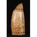 19th c Scrimshaw Whale Tooth of British ship of war, initialed CS. 6.5"l From a Massachusetts