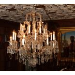 *Exceptional 20th c Crystal Chandelier Bohemian style with eighteen lights and central globe drop.