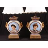 Pair of 19th c Continental Vase form Lamps of flask form with portraits of a Neapolitan girl and boy