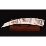 20th c Large Scrimshaw Whale Tooth with three views and carved eagle top, Signed R. Lienny. 12"l