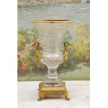 Late 19th c Baccarat Crystal Classical Urn with ormolu mounts and swan handles. 15"h Very good