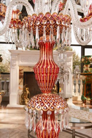 Pair of 20th C Bohemian Style Glass Torchieres of gilt decorated clear and ruby colored glass. 65" - Image 6 of 7