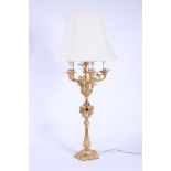 20th C Gilt Bronze Table Lamp with silk shade, very ornate and five lights. 31 1/2"h