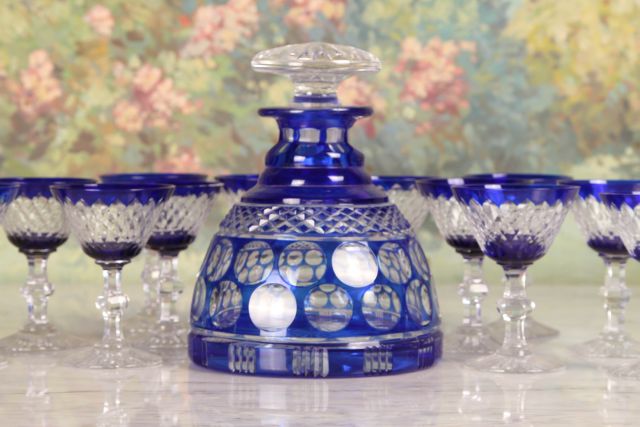 Cut to Clear Cobalt Decanter Set twelve goblets and decanter. Decanter: 8"h - Image 5 of 9