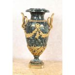 20th c French Ormolu Mounted Verde Marble Urn each with snake form handles and floral swag