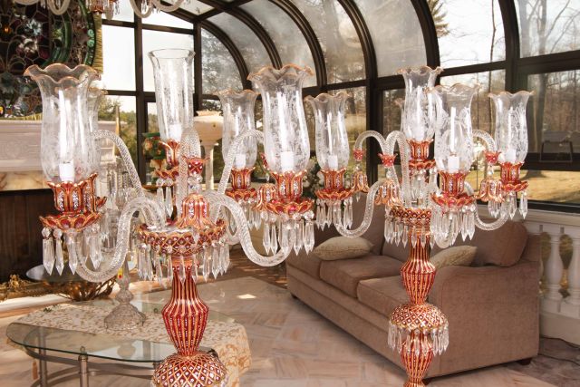 Pair of 20th C Bohemian Style Glass Torchieres of gilt decorated clear and ruby colored glass. 65" - Image 3 of 7