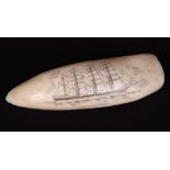 20th c Scrimshaw Whale Tooth of four masted schooner, Circa 1950r. 6.25"From a Massachusetts