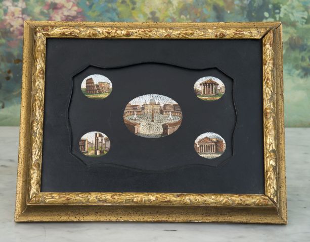 19th c Grand Tour Italian Micro Mosaic Plaque with scenes of five Roman ruins. 12"w x 10"h Very good