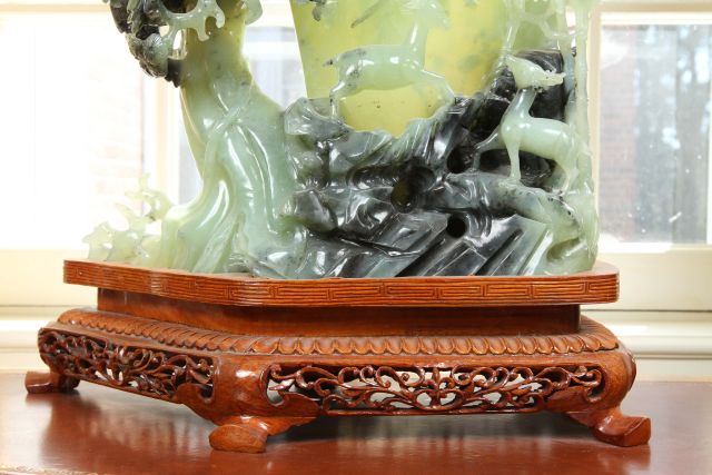 Monumental 20th c Chinese Jade Carving of tree with phoenix and animals on teak base. 30"h A few - Image 6 of 9