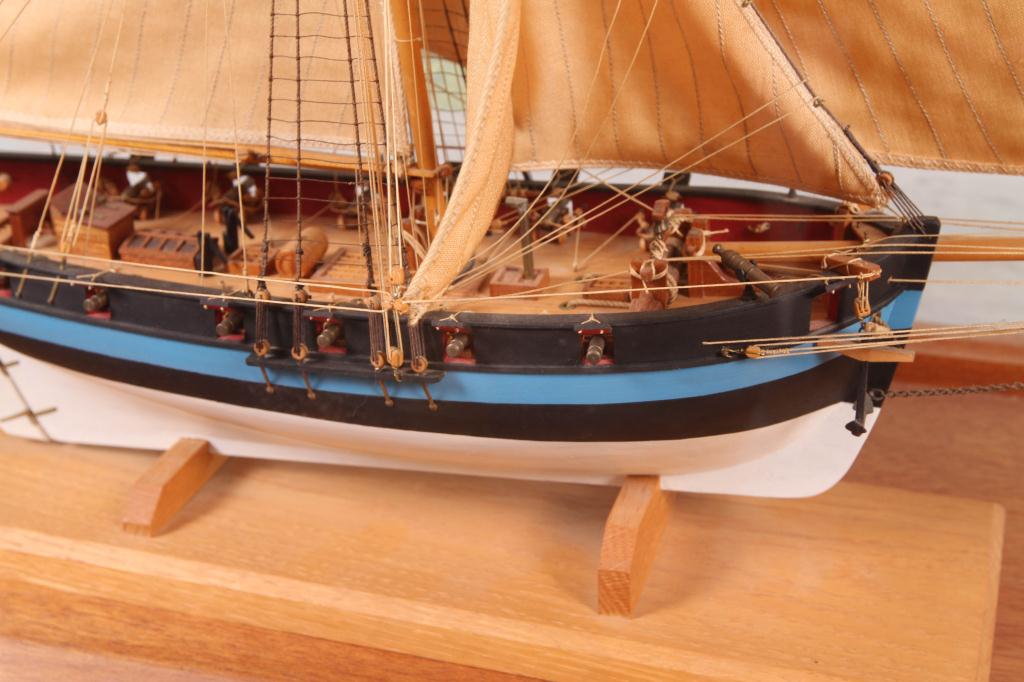 Single Masted 20th c Ship Model in plexiglass case with full sails. Good - Image 3 of 6