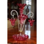 19th c Victorian Cranberry and Clear Glass Epergne c. 1880; comprised of three cranberry glass