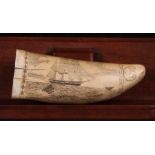 20th c Scrimshaw Whale Tooth of schooner and whaling scenes, Circa 1950's. 5" From a Massachusetts