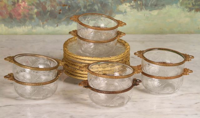 Set of Cut Glass Finger Bowls Intaglio cut with ormolu border. 7 saucers and 8 bowls Good