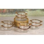 Set of Cut Glass Finger Bowls Intaglio cut with ormolu border. 7 saucers and 8 bowls Good