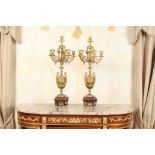 Pair of Late 19th c French Six Light Candelabras ormolu and Rouge Griotte marble, each vase