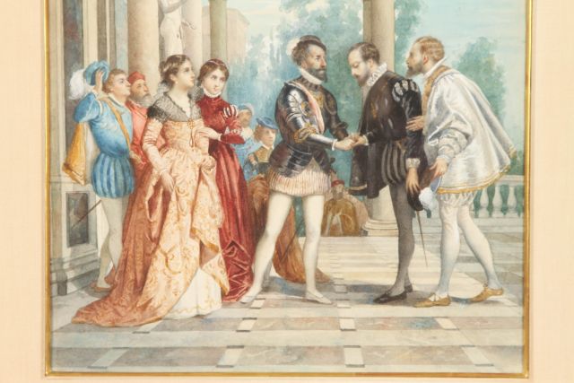 G. Riva (Italian, 19th century) "Javal Being Received by Duke of Savoy". Watercolor. Unsigned, - Image 2 of 4