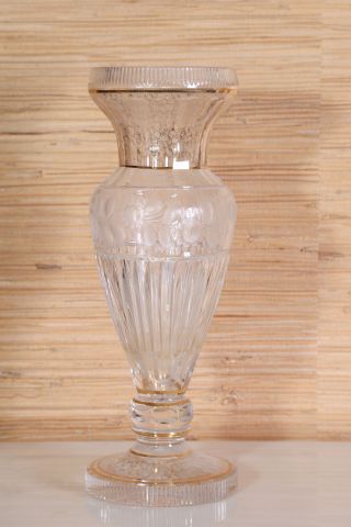 Fine Val St. Lambert Glass Vase with gilt decoration, etched floral bands and fluted body. 17"h good