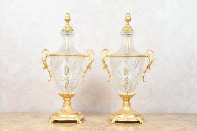 Pair 20th c French Gilt Metal and Cut Glass Urns each with covers and two handles, marked "A.C.F.
