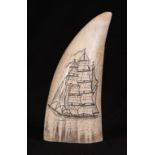 20th c Scrimshaw Whale Tooth of small schooner and sail ship, Circa 1From a Massachusetts collection