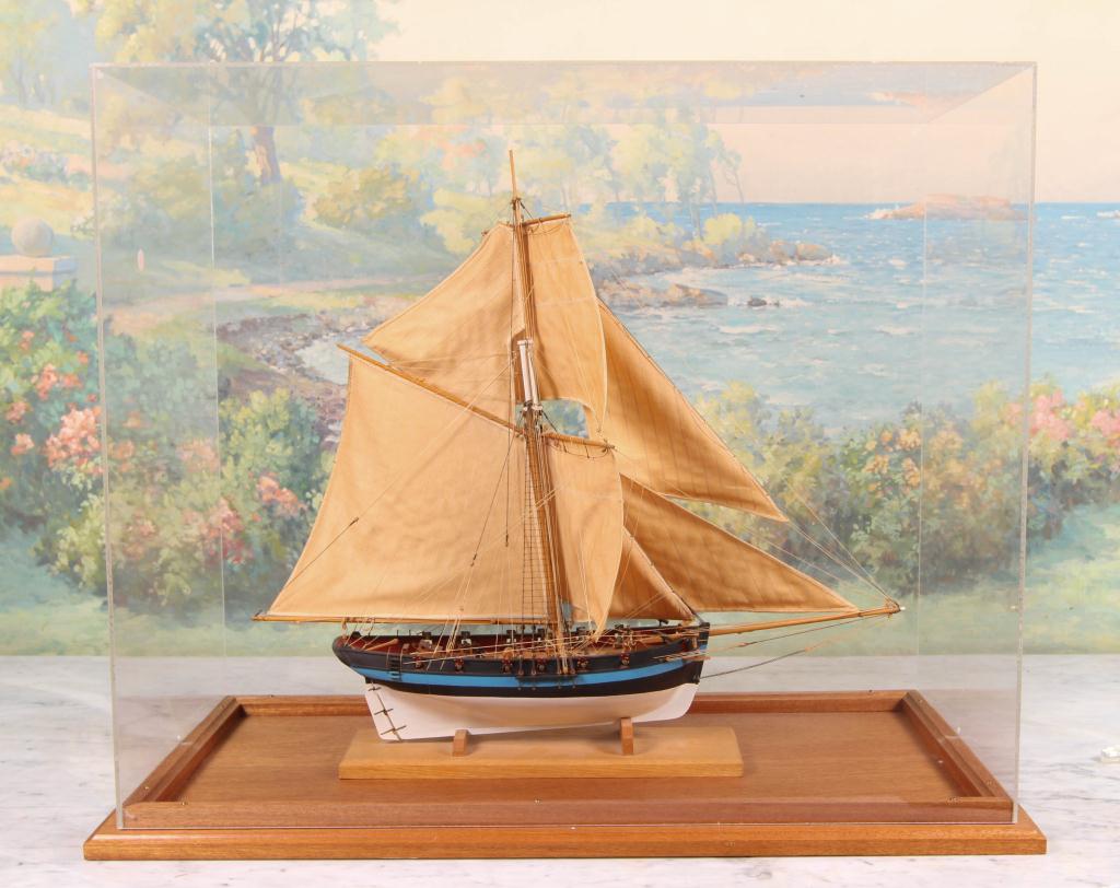 Single Masted 20th c Ship Model in plexiglass case with full sails. Good