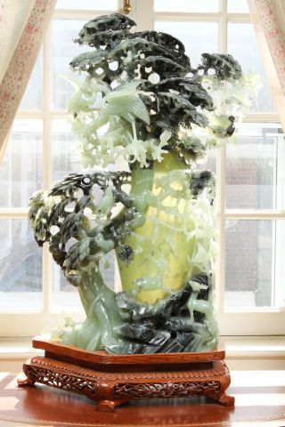 Monumental 20th c Chinese Jade Carving of tree with phoenix and animals on teak base. 30"h A few - Image 9 of 9