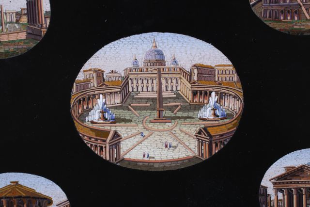 Italian Micromosiaic Grand Tour Onyx Tile 19th c.; set with five micro mosaic scenes of Rome. 5" x - Image 2 of 4