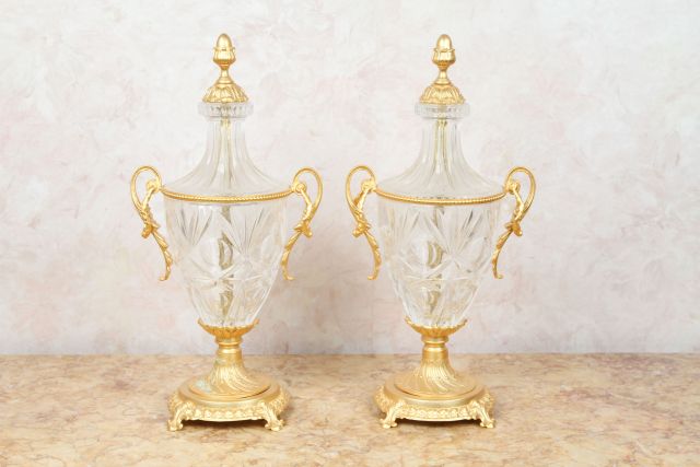 Pair 20th c French Gilt Metal and Cut Glass Urns each with covers and two handles, marked "A.C.F. - Image 3 of 5