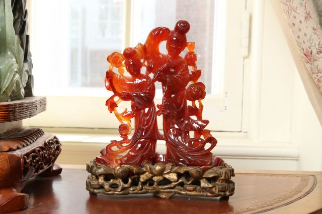 Late 19th c Rare Chinese Jade Stone Carving 8"h Original carved hardwood stand, good condition, no