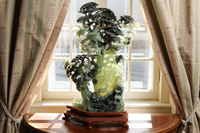 Monumental 20th c Chinese Jade Carving of tree with phoenix and animals on teak base. 30"h A few - Image 3 of 9