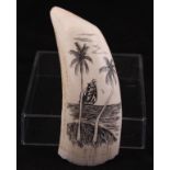 20thc Contemporary Scrimshaw Whale Tooth Circa 1960 with ship and palm trees. 5"l