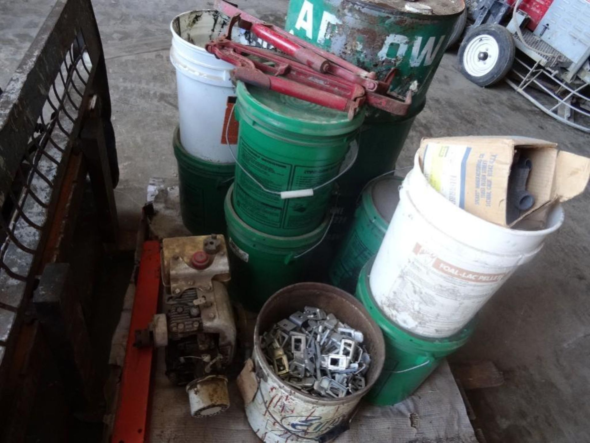 Driveway Sealer (5 buckets); Concrete Cleaning Acid (barrel); Brick Thongs; Motor - Image 2 of 5