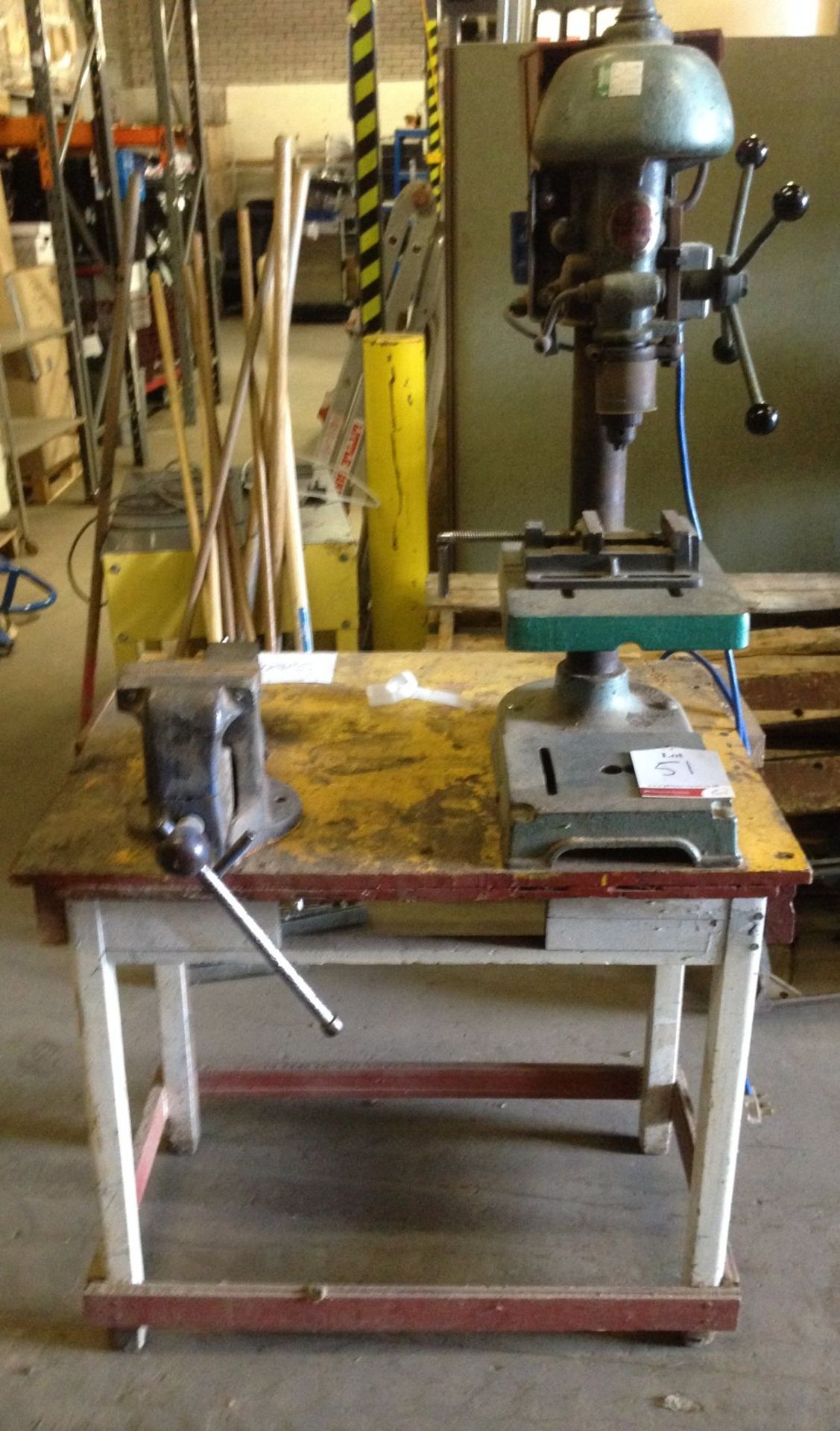 Walker Turner bench drill and Perfect Vyse on wooden bench