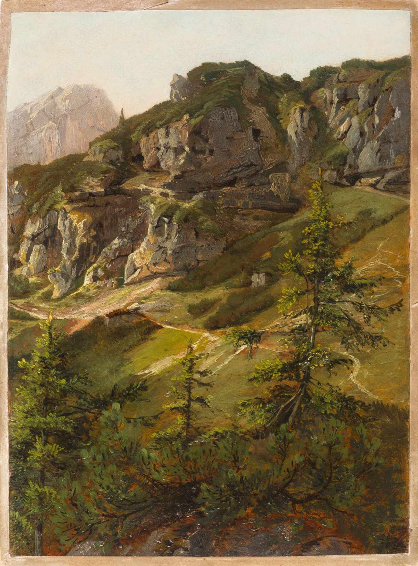 Schweizer Schule Berglandschaft im Lütschental Öl auf Velin, auf Karton aufgelegt. (Um 1850). 36,1 x