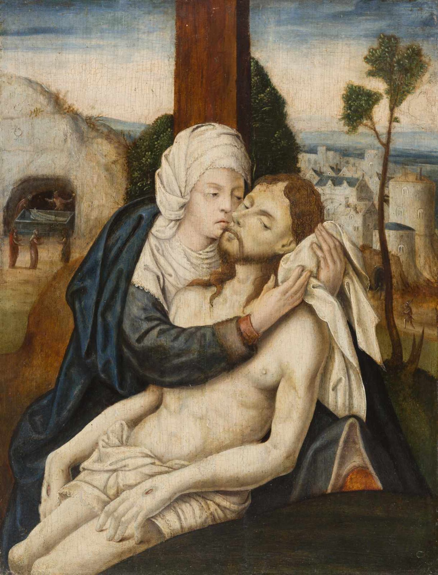 Antwerpener Schule Die Beweinung Christi Öl auf Holz, parkettiert. (Um 1525-1575). 40 x 30,5 cm.