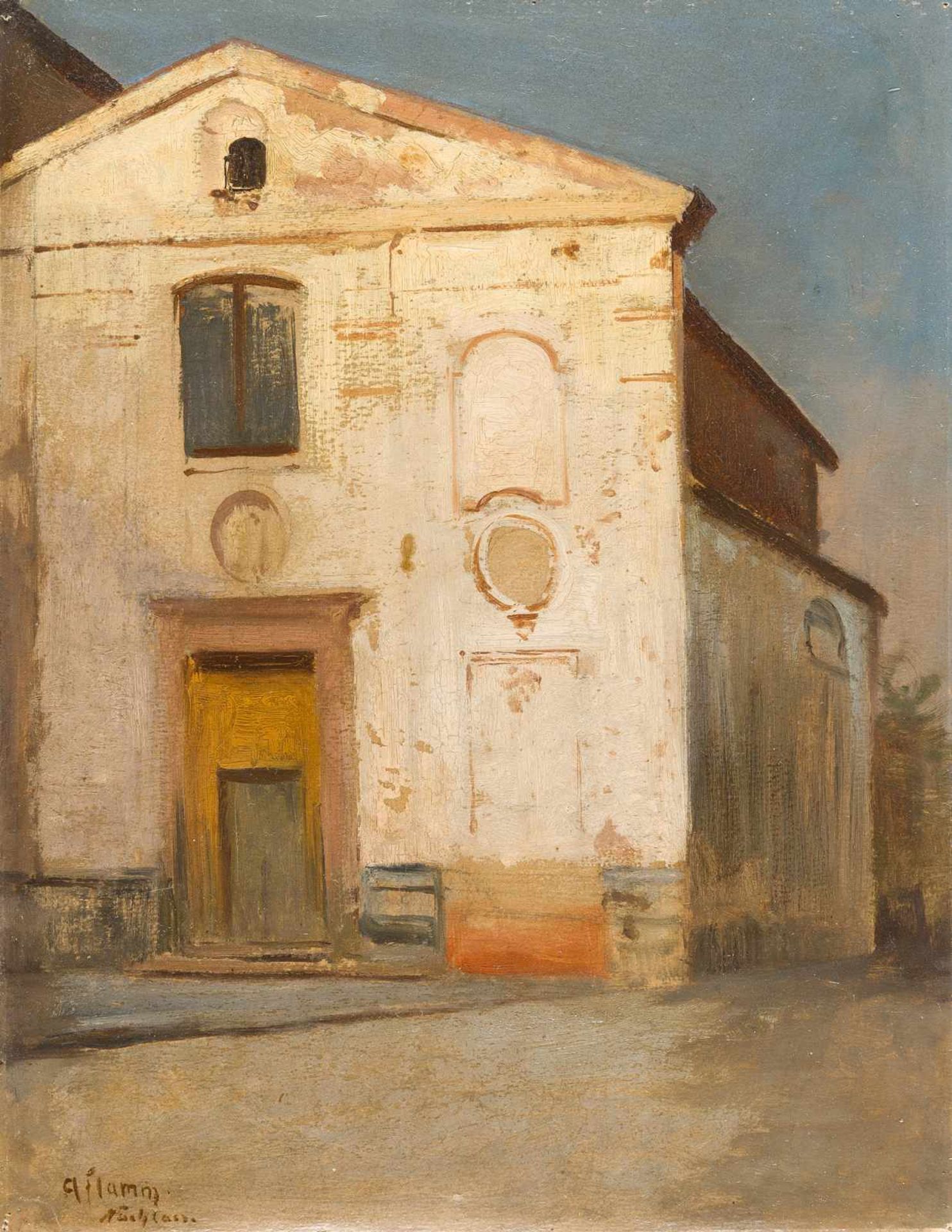 Albert Flamm 1823 Köln - Düsseldorf 1906 Italienische Kapelle Öl auf Velin. 30 x 23,5 cm.