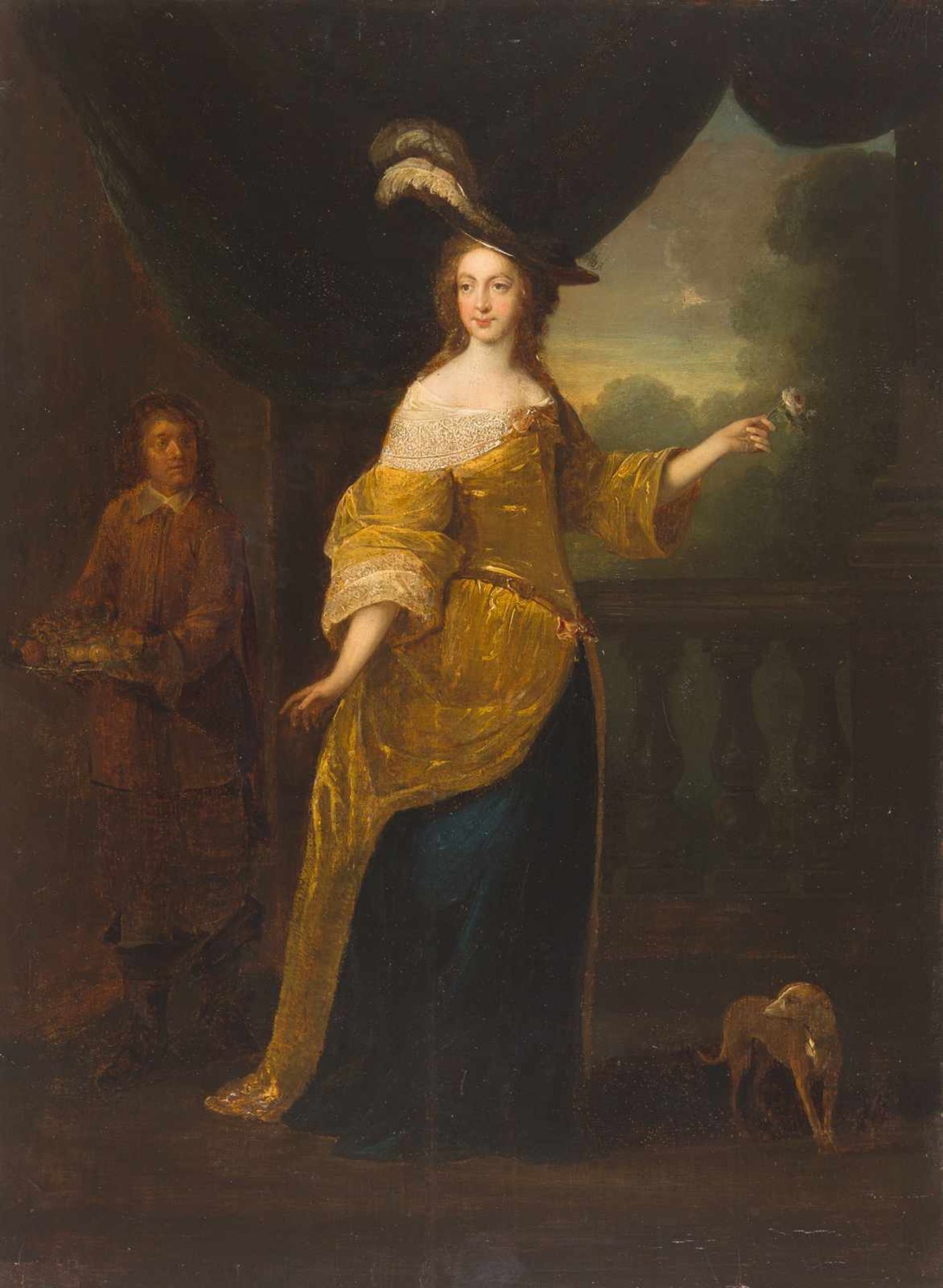 Niederländisch Bildnis einer Dame , eine Rose haltend, mit Hund und einem Pagen Öl auf Holz. (Um