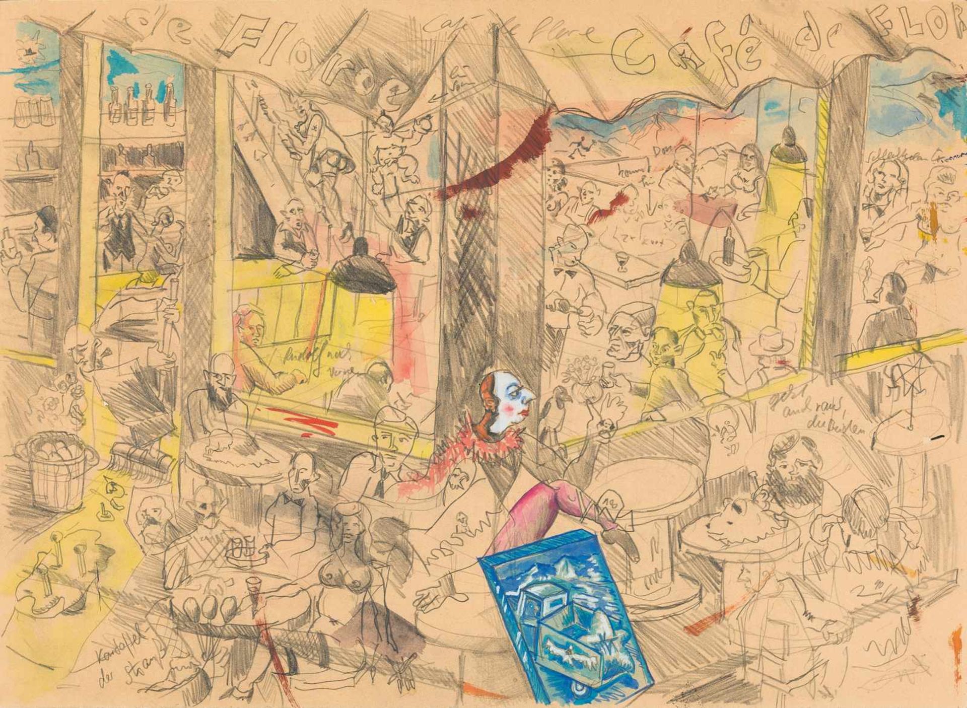 Jörg Immendorff Café de Flore Gouache und Bleistift auf cremefarbenem Karton. (19)90. Ca. 47 x 64,