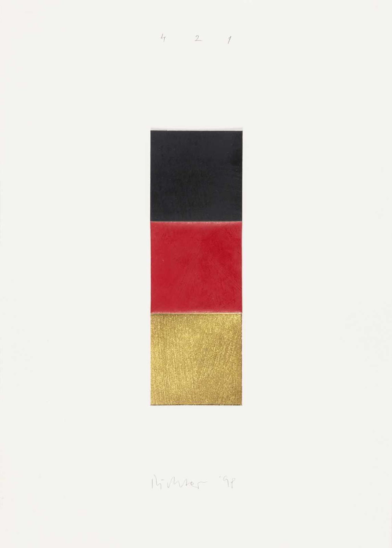 Gerhard Richter Schwarz, Rot, Gold I Öl auf festem Velin, auf leichten Karton montiert. (19)98.