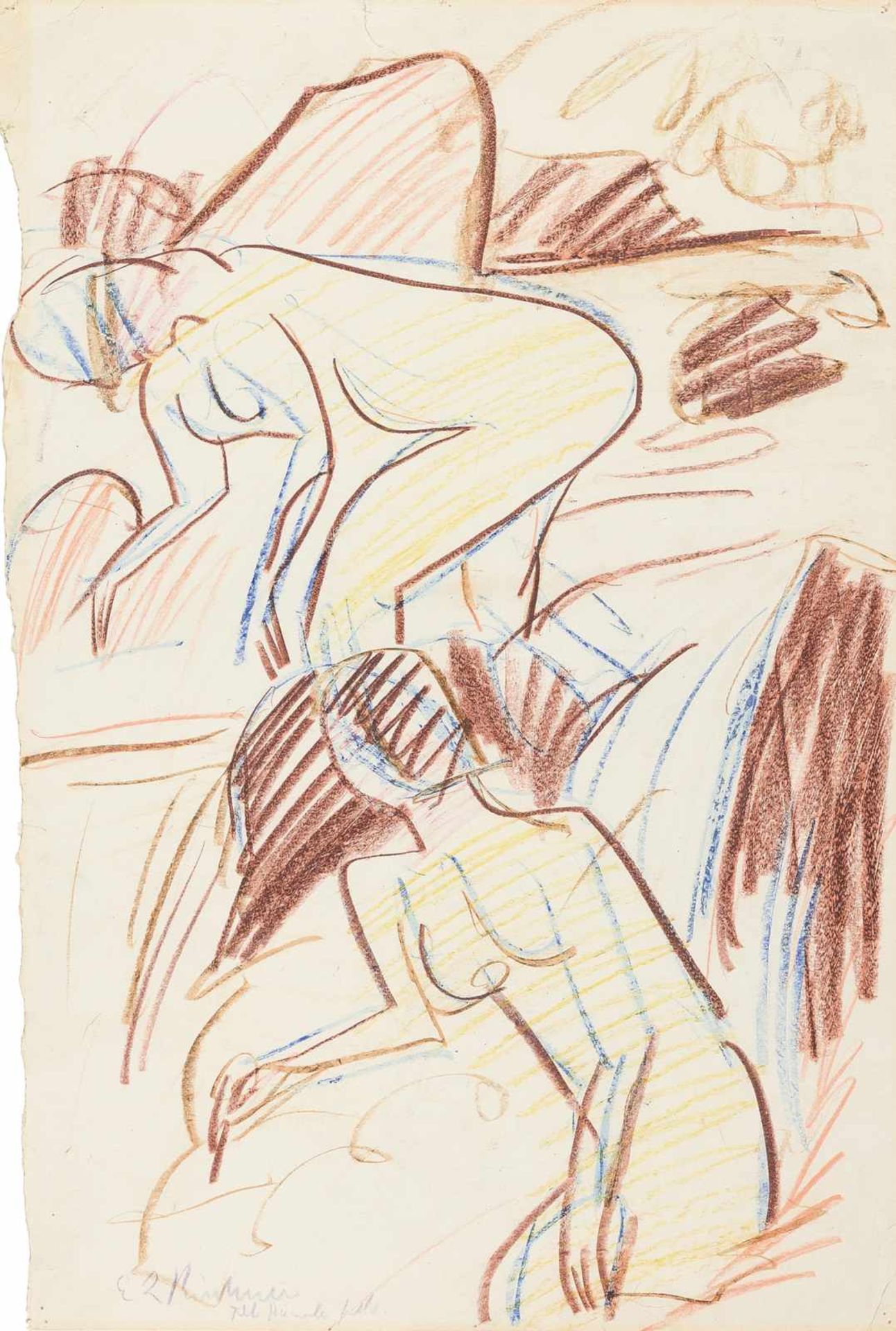 Ernst Ludwig Kirchner Badende Farbige Ölkreide auf glattem Velin. (Um 1915-1920). Ca. 52 x 35 cm.