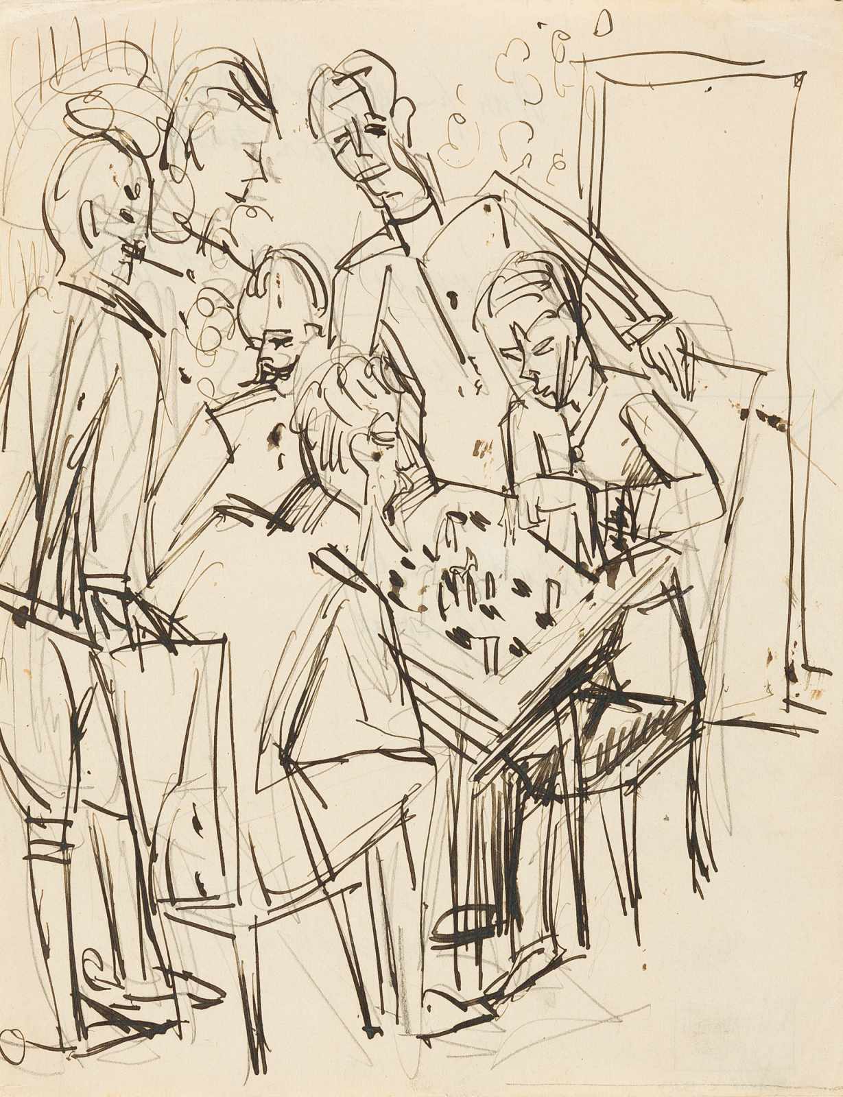 Ernst Ludwig Kirchner „Schachspielende Offiziere“ Tuschfeder über Bleistift auf glattem