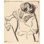 Ernst Ludwig Kirchner Frau, im Glas rührend Lithographie auf festem, strukturiertem Velin. (1908).