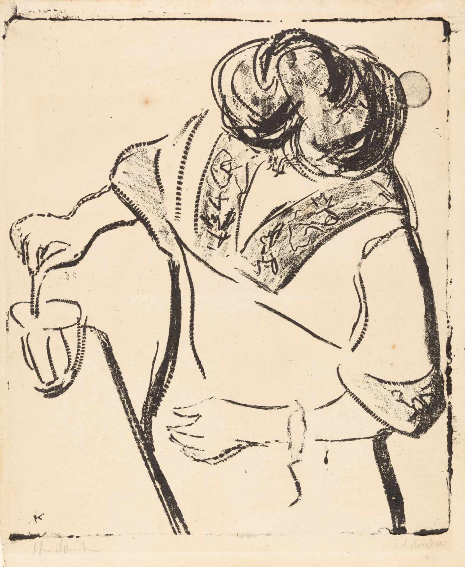 Ernst Ludwig Kirchner Frau, im Glas rührend Lithographie auf festem, strukturiertem Velin. (1908).