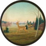 Georg Schrimpf Rehe auf einer Wiese Öl auf Holz. (19)32. Durchmesser ca. 52 cm. Signiert und datiert