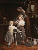 Künstler des 19. Jahrhunderts- In der Küche - Hinterglasmalerei. 49,5 x 39 cm. Rahmen. Minim.