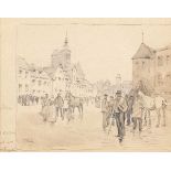 Georg KochBerlin 1857 - 1936 - Gesellschaft auf dem Marktplatz - Tusche/Aquarell auf Papier. 15,5