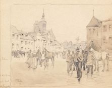 Georg KochBerlin 1857 - 1936 - Gesellschaft auf dem Marktplatz - Tusche/Aquarell auf Papier. 15,5