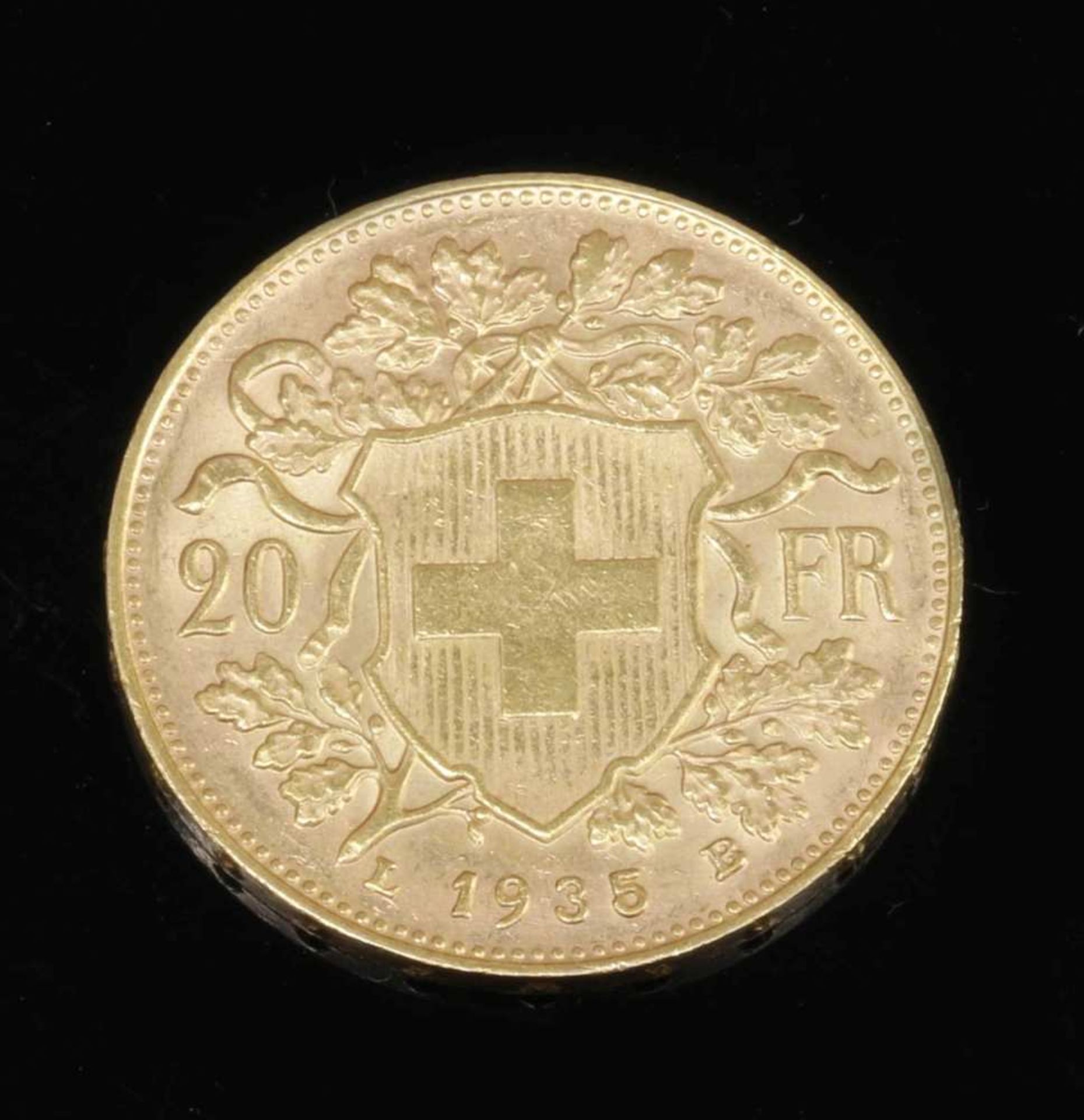 20 VreneliSchweiz, 1935 L B. 900er GG. Gew. 6,45 g. D. 21 mm. VZ. Vs.: Verena nach links. Rs.: - Image 2 of 2
