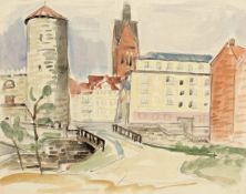 Johannes Sass1897 Magdeburg - 1972 Hannover - "Hohes Ufer mit Marktkirche" - Aquarell/Papier. 38 x